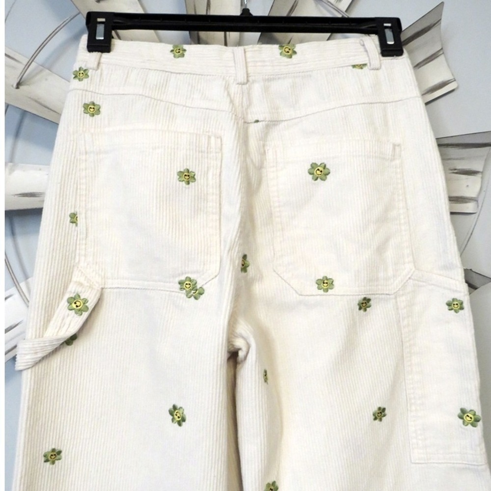 Cream Corduroy Embroidered Flower Carpenter Pants Raw Hem Y2K Cottagecore Medium